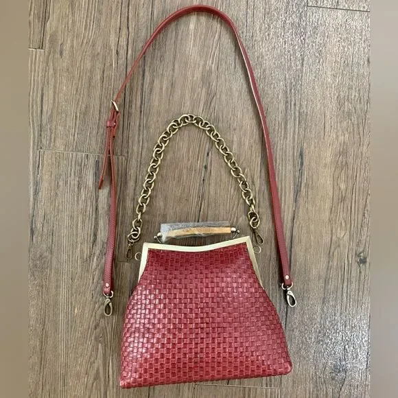 Handmade Genuine Woven Leather Double Kisslock Top Handle Bag & 2 Straps Style